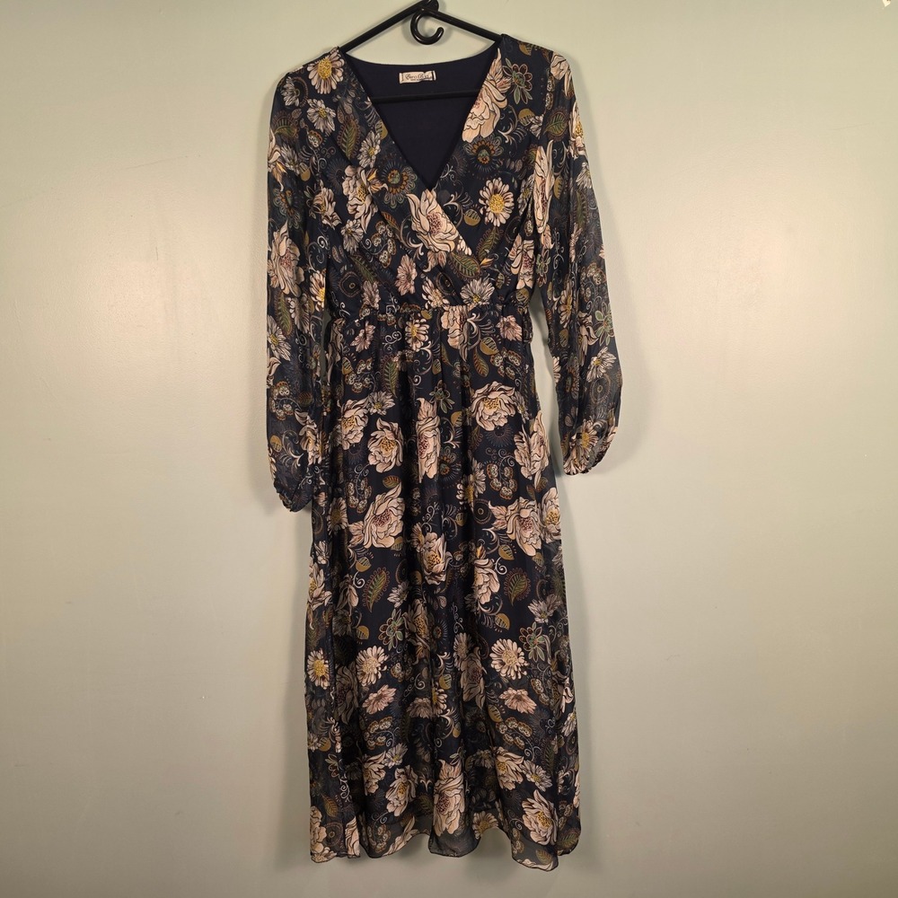 Elena Baldi Italy Silk Blend Floral Paisley Midi Dress Navy Blue Womens Small